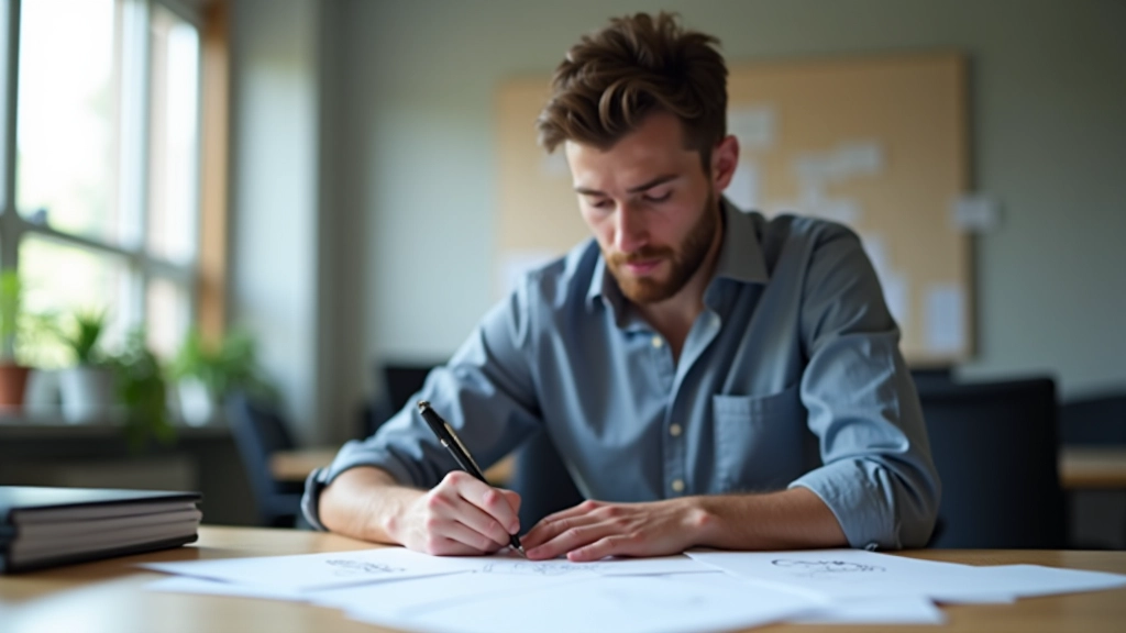 Designer beim Schreiben von Fehlermeldungs-Texten an einem modernen Schreibtisch mit Notizen und Skizzen