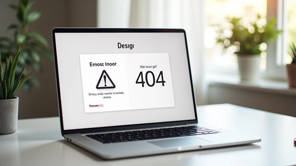 Laptop-Bildschirm zeigt eine kreativ gestaltete 404-Fehlerseite mit Illustration und Navigation