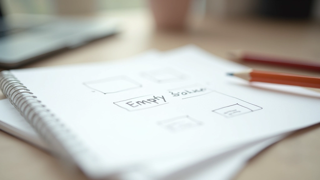 Handzeichnung zeigt Wireframe-Skizze eines Leerzustands mit Platzhaltern für Icon, Überschrift und Button